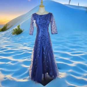 Code S0010 Round Neck Transparent Sleeve Leaf Embroidery Sequin Maxi Long Dinner Dress