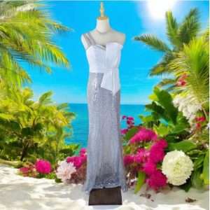 Code S0025 Off Shoulder Ribbon Sequin Bling Bling Maxi Long Dinner Dress